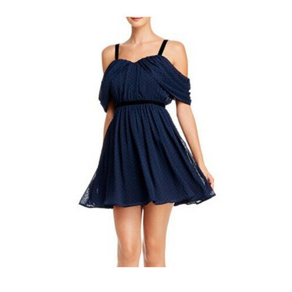 New AQUA Clip Dot DRESS Velvet Trim Blue XS Small - Picture 1 of 6
